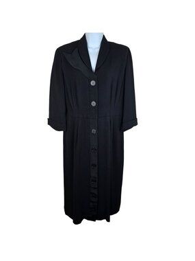 Vintage 40s Black Button-Up Midi Day Dress Medium Shawl Collar 3/4 Sleeves Crepe